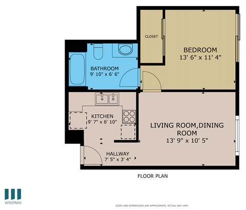 Floor plan for 1 bed, 1 bath, 537 sqft